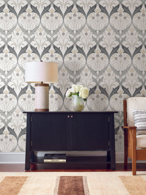Ronald Redding Designs Pine Cone Ribbon Charcoal Wallpaper