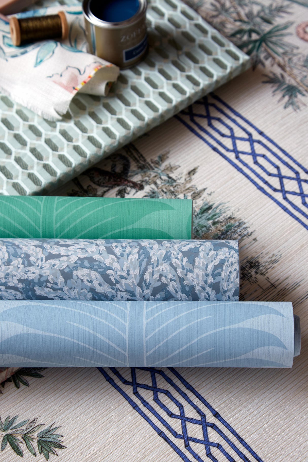 Zoffany Marsden`S Palm Damask Blue Stone Wallpaper