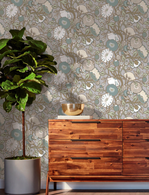 York Vincent Poppies Heather Grey/Beige Wallpaper