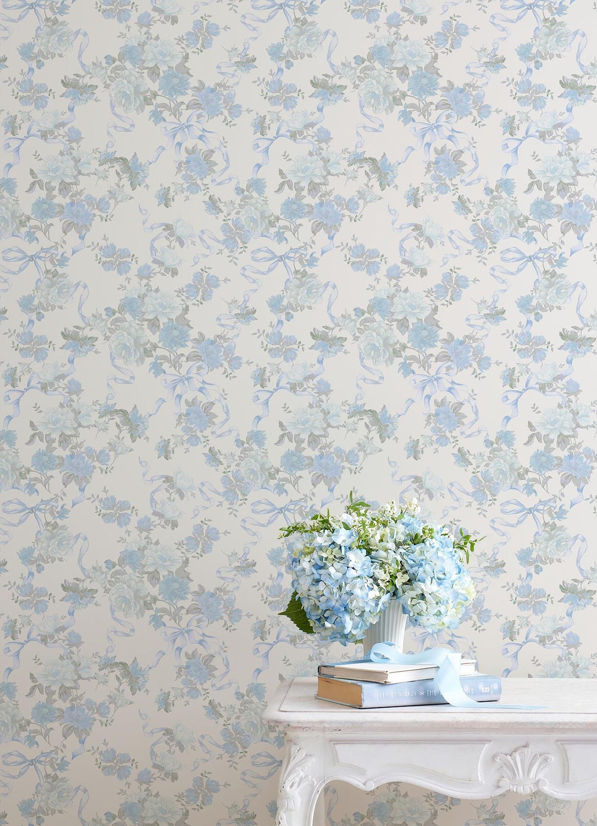 A-Street Prints Loveshackfancy Cabbage Rose Bow Dusty River Blue Wallpaper