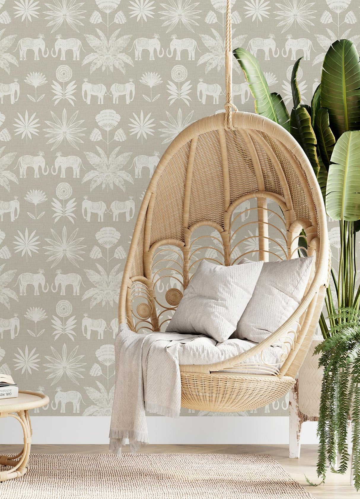 A-Street Prints Bazaar Light Grey Elephant Oasis Wallpaper