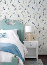 Brewster Home Fashions Chesapeake Thoreau Birds Blue Wallpaper