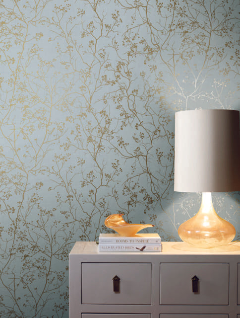 Antonina Vella Luminous Branches Blue/Gold Wallpaper