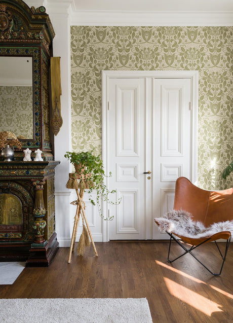 A-Street Prints Berit Olive Floral Crest Cream Olive Wallpaper