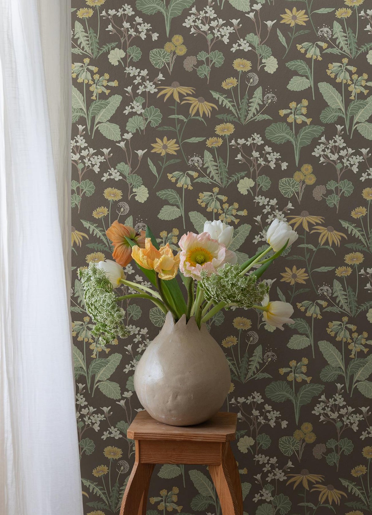 A-Street Prints Magdalena Charcoal Dandelion Charcoal Green Gold Wallpaper