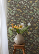 A-Street Prints Magdalena Charcoal Dandelion Charcoal Green Gold Wallpaper