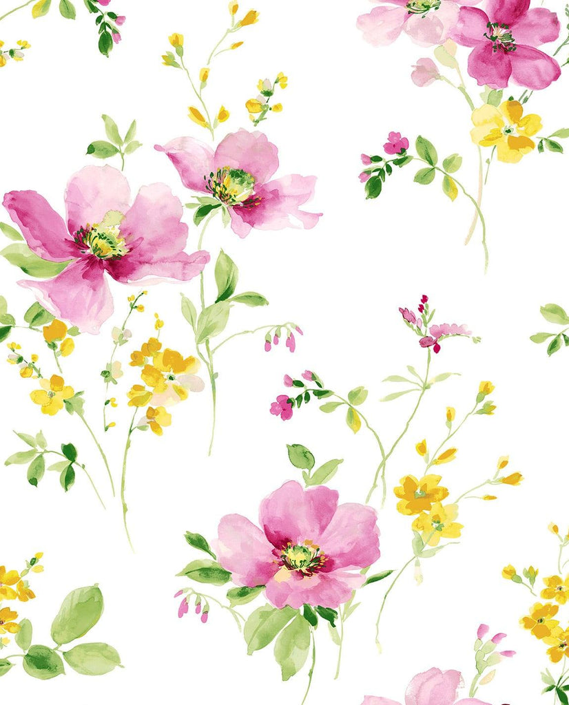 Seabrook Watercolor Windflower Pink Wallpaper