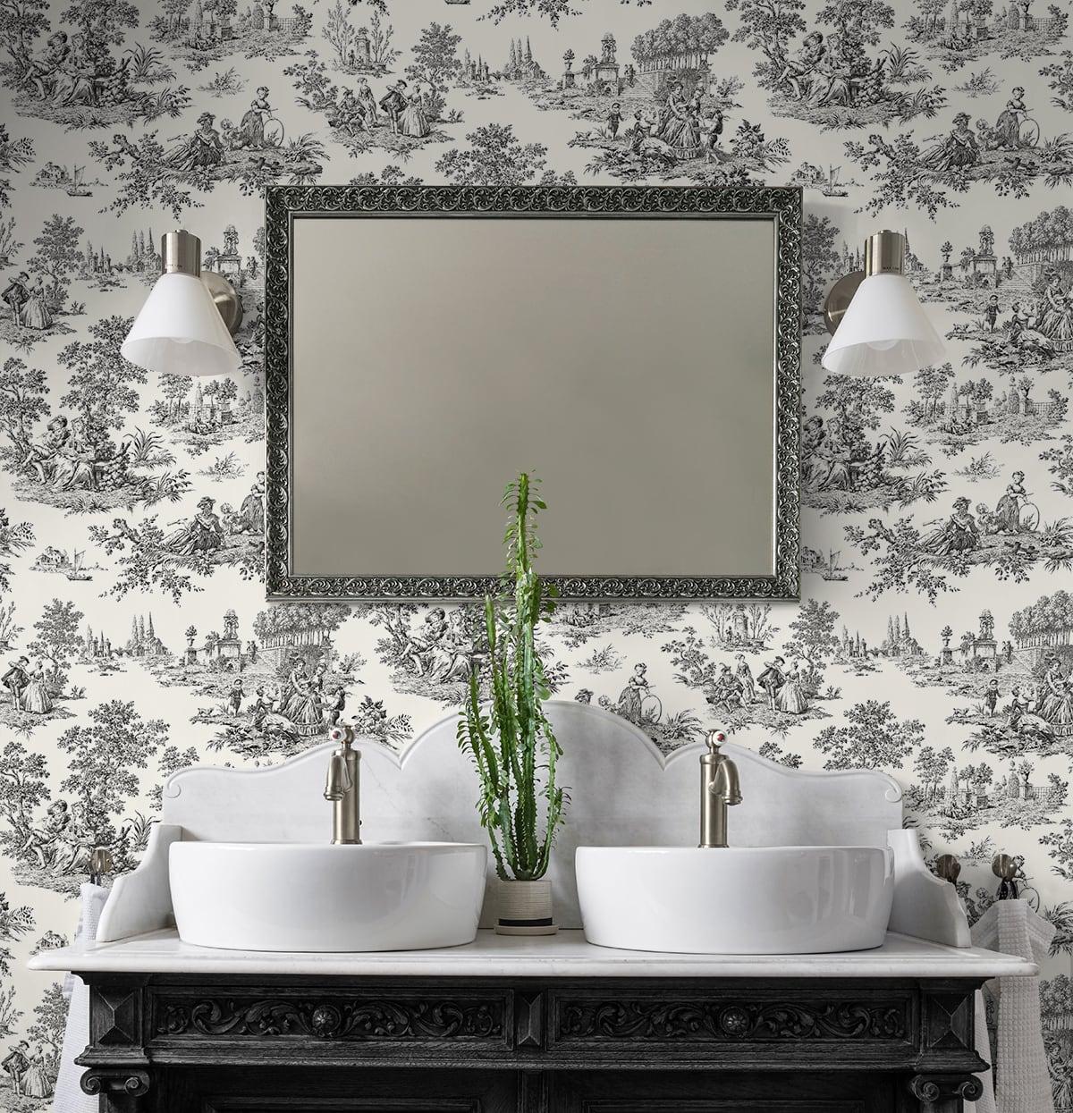Seabrook Chateau Toile Black Wallpaper