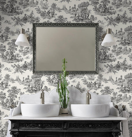 Seabrook Chateau Toile Black Wallpaper