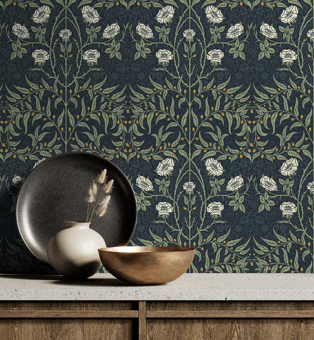 Seabrook Stenciled Floral Blue Wallpaper