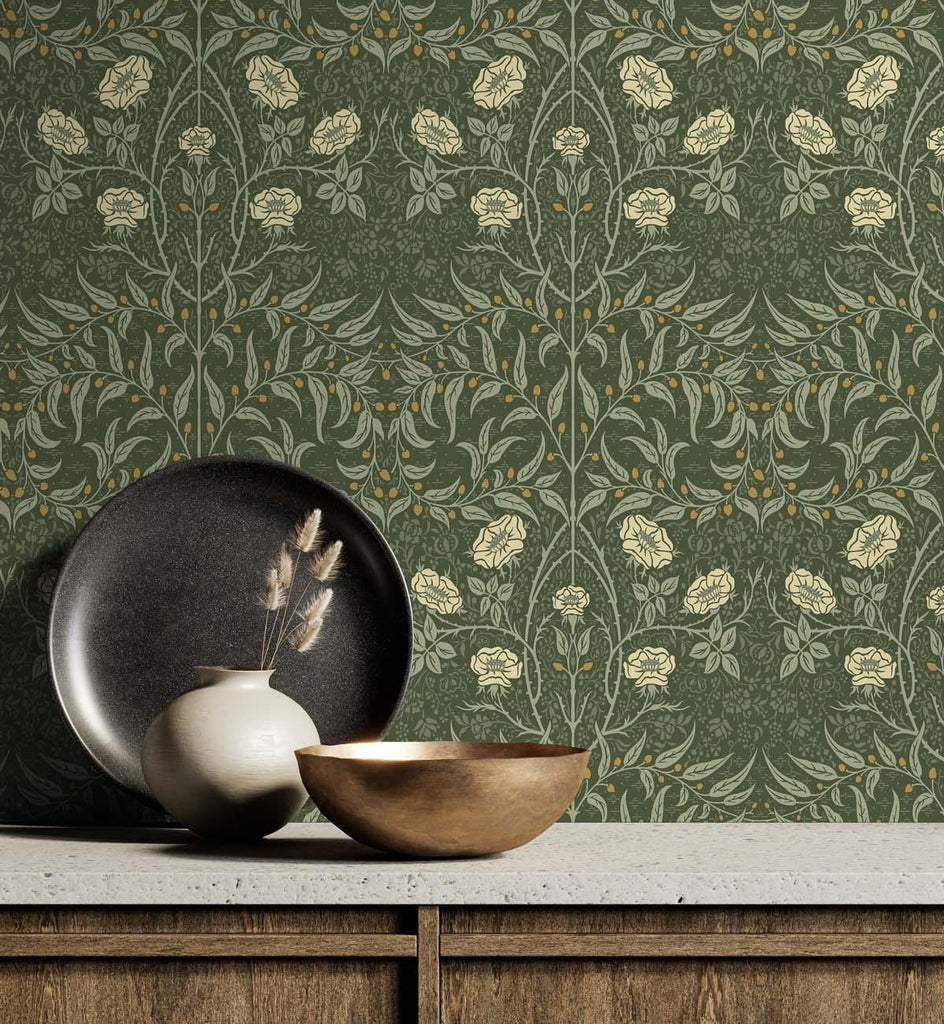 Seabrook Stenciled Floral Green Wallpaper
