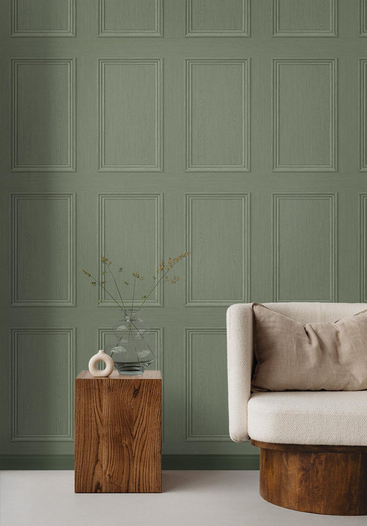 Seabrook Faux Wood Panel Green Wallpaper