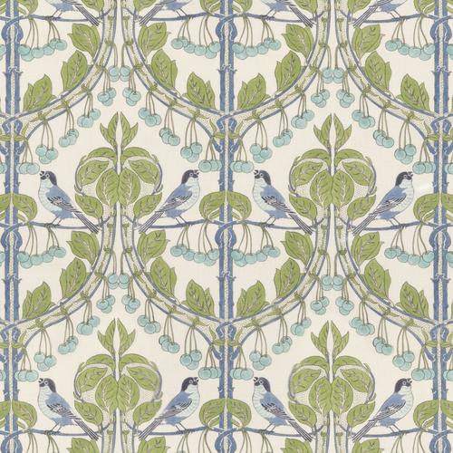 G P & J Baker BIRDS & CHERRIES GREEN/BLUE Fabric