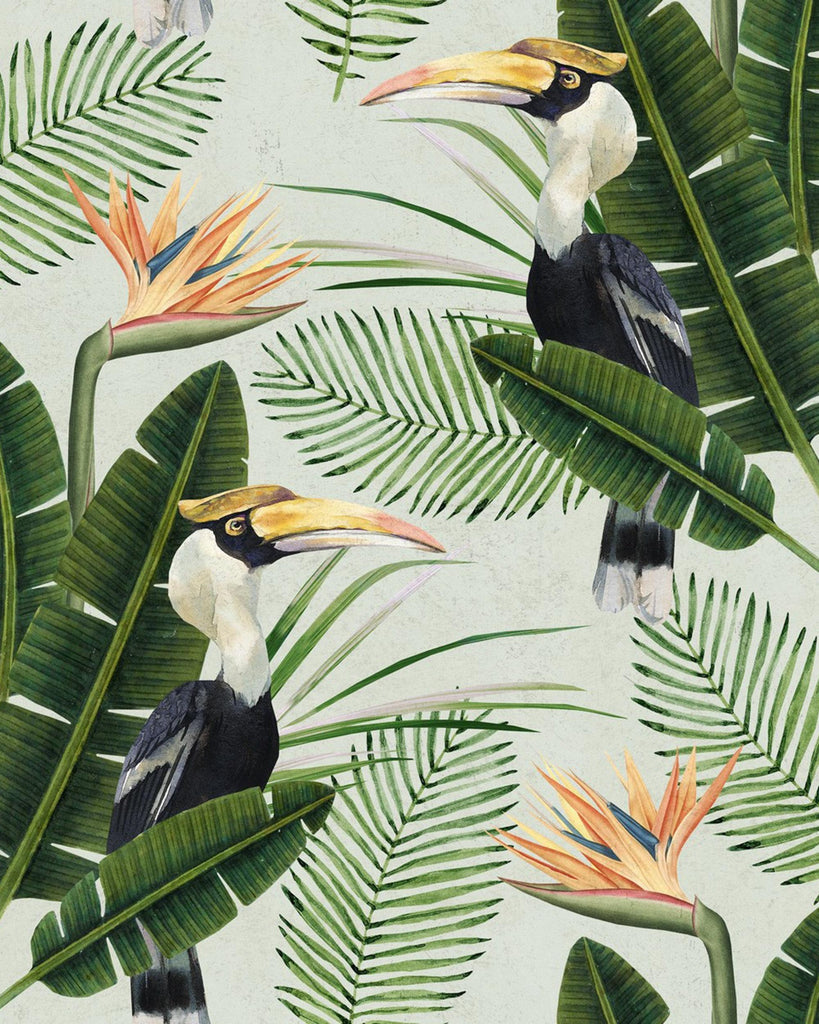 MindTheGap BIRDS OF PARADISE Green, Orange, Black & White Wallpaper