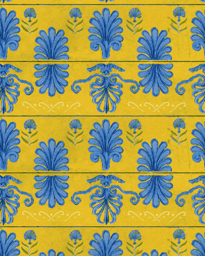 MindTheGap MYKONOS VILLA MOTIF Lemon BLUE/YELLOW/TAUPE Wallpaper