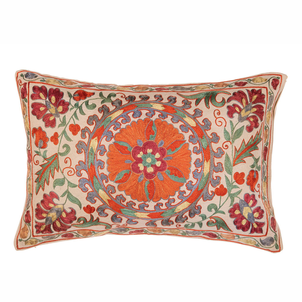 MindTheGap NURATA SUZANI Silk Embroidered Brown/Orange/Green/Red Pillow
