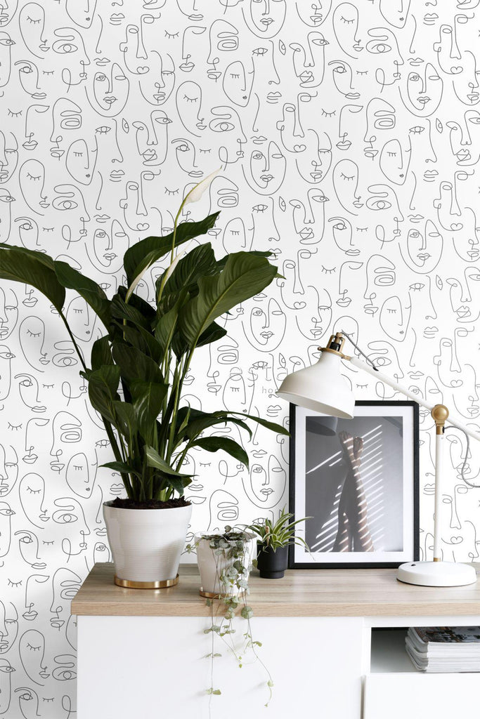 Brewster Home Fashions Sharona Line Art Faces White Wallpaper