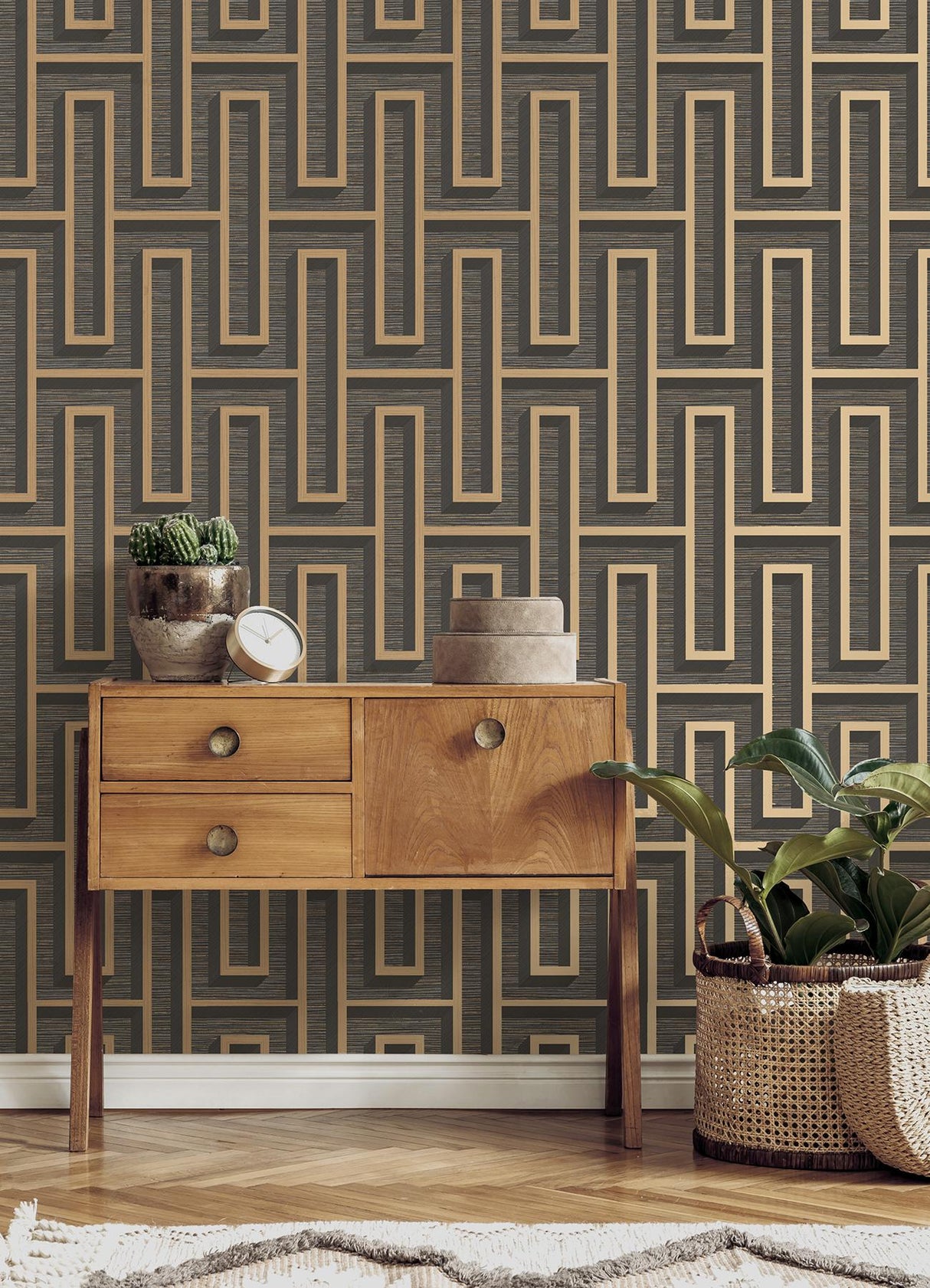 Brewster Home Fashions Henley Geometric Grasscloth Black Wallpaper
