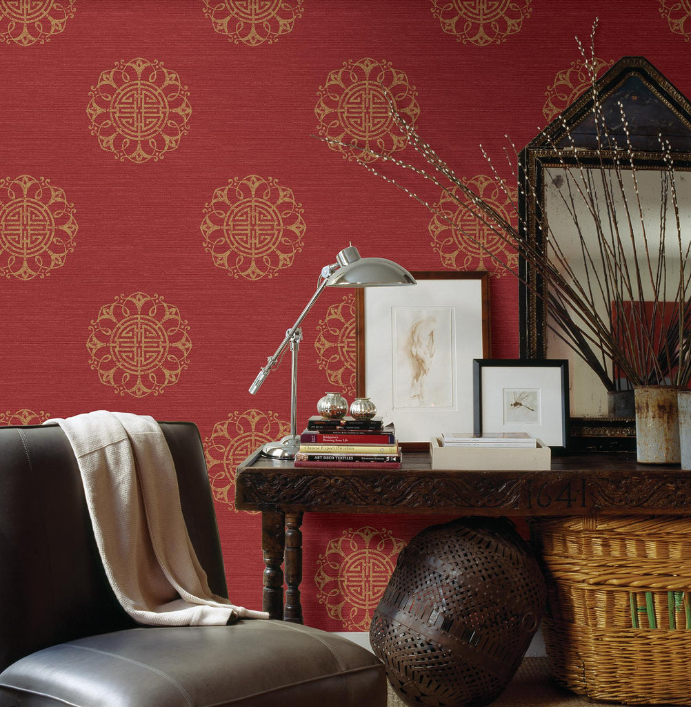 Brewster Home Fashions Lien Fountain Medallion Red Wallpaper