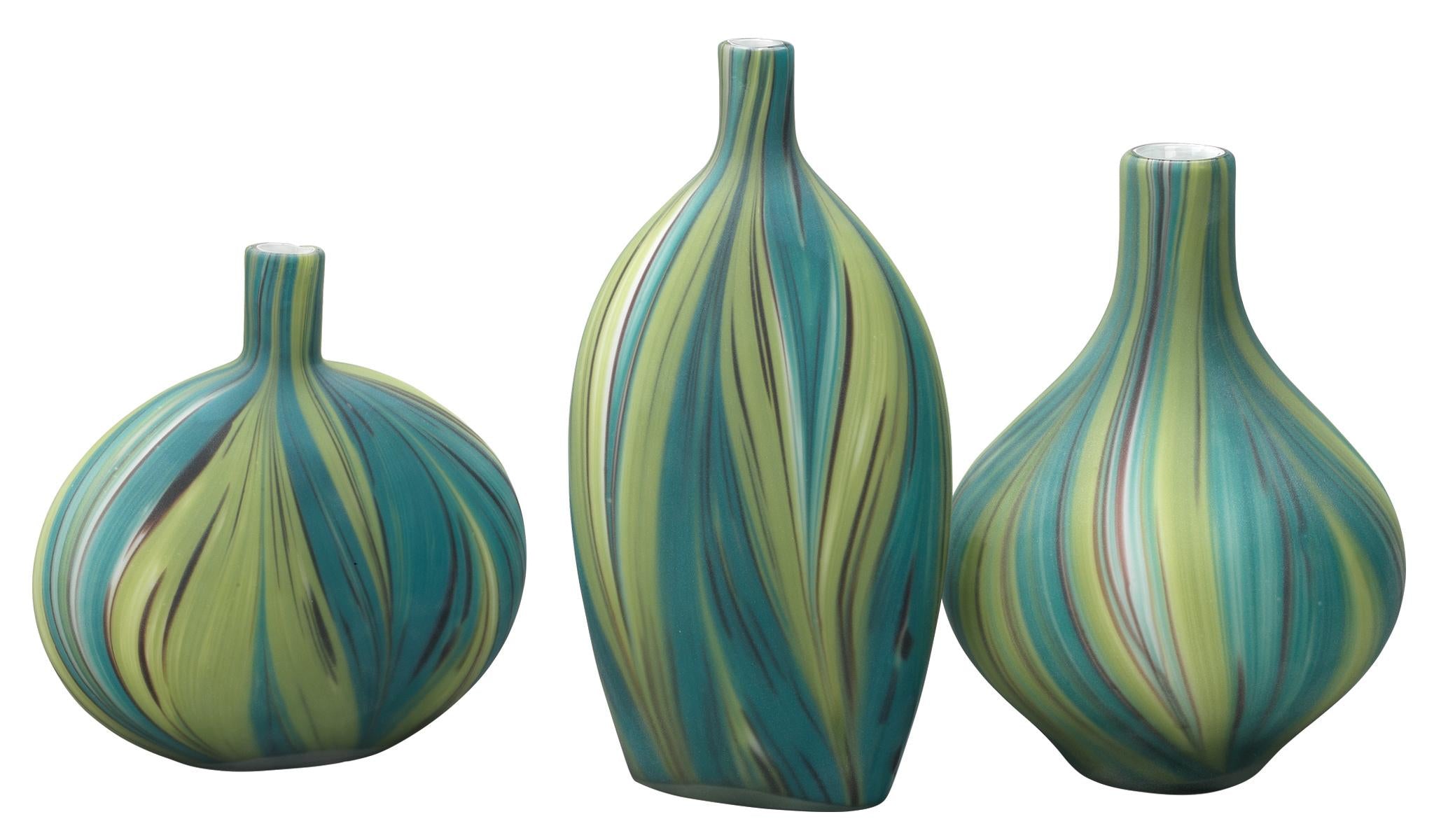 Jamie Young Stream Green & Blue Striped Glass Vessels (Set of 3)