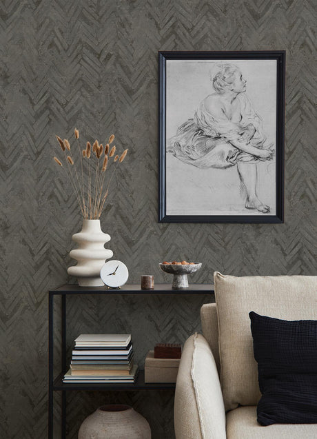 A-Street Prints Amesemi Distressed Herringbone Dark Grey Wallpaper