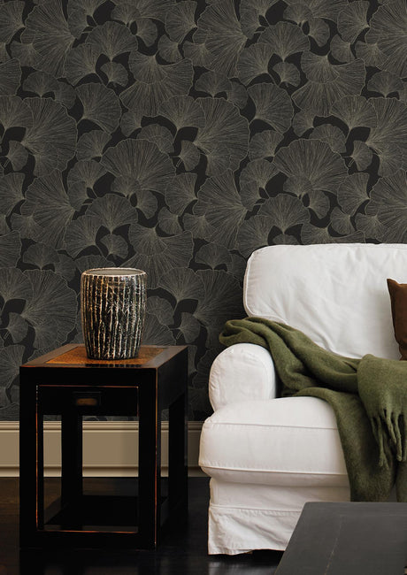 Brewster Home Fashions Waft Ginkgo Black Wallpaper