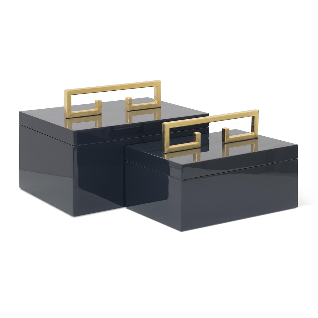 Couture Avondale Boxes [Set of 2] Naval and Gold High Gloss Indigo Lacquered Box with Gold Leaf Handle Decorative Accents