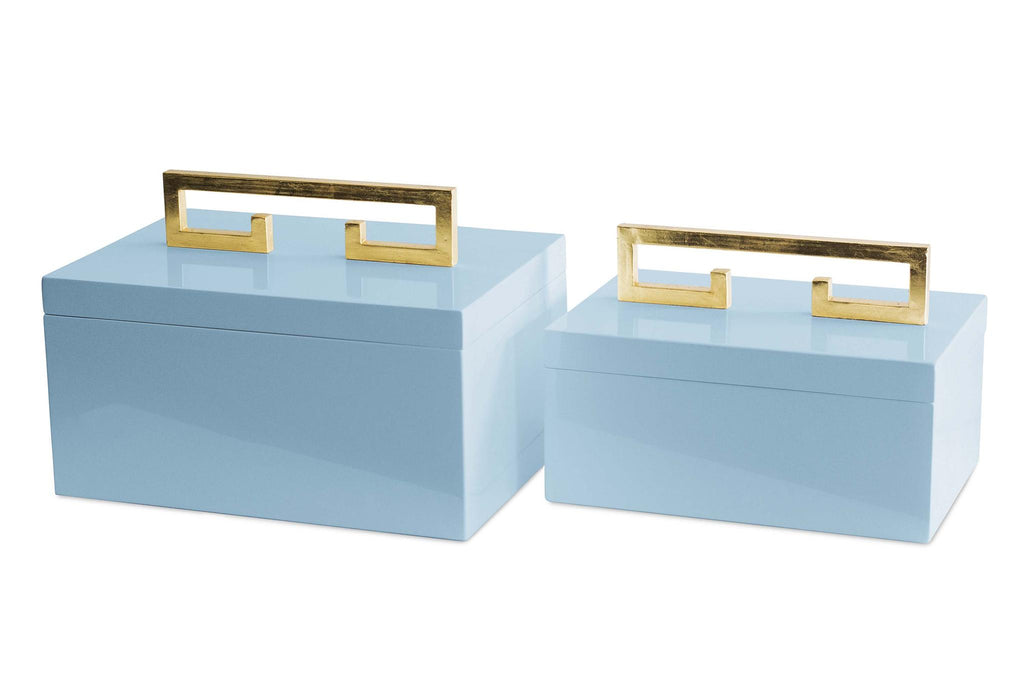 Couture Avondale Boxes [Set of 2] Little Boy Blue High Gloss Light Blue Lacquered Box with Gold Leaf Handle Decorative Accents