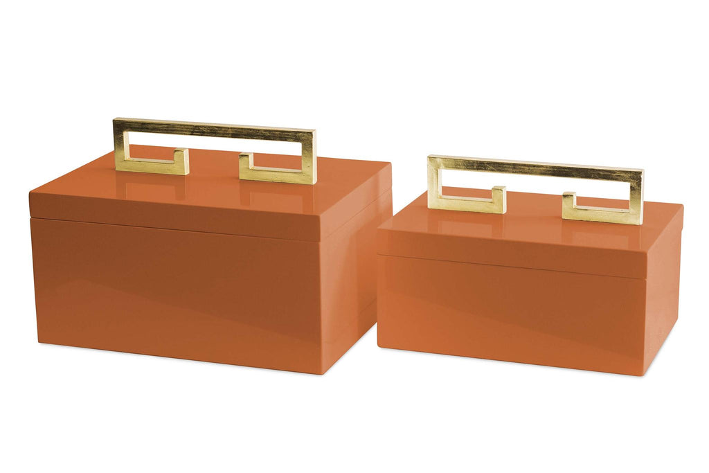 Couture Avondale Boxes [Set of 2] Orange High Gloss Orange Lacquered Box with Gold Leaf Handle Decorative Accents