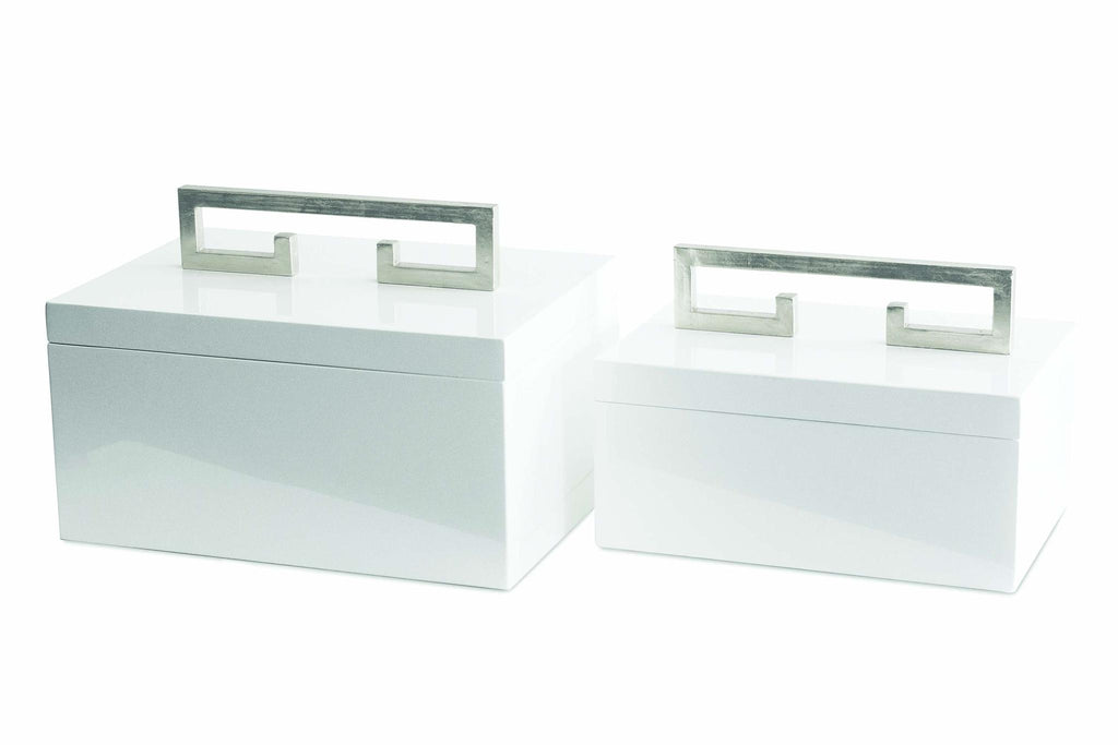 Couture Avondale Boxes [Set of 2] White with Silver High Gloss White Lacquer Box with Silver Leaf Handle Decorative Accents