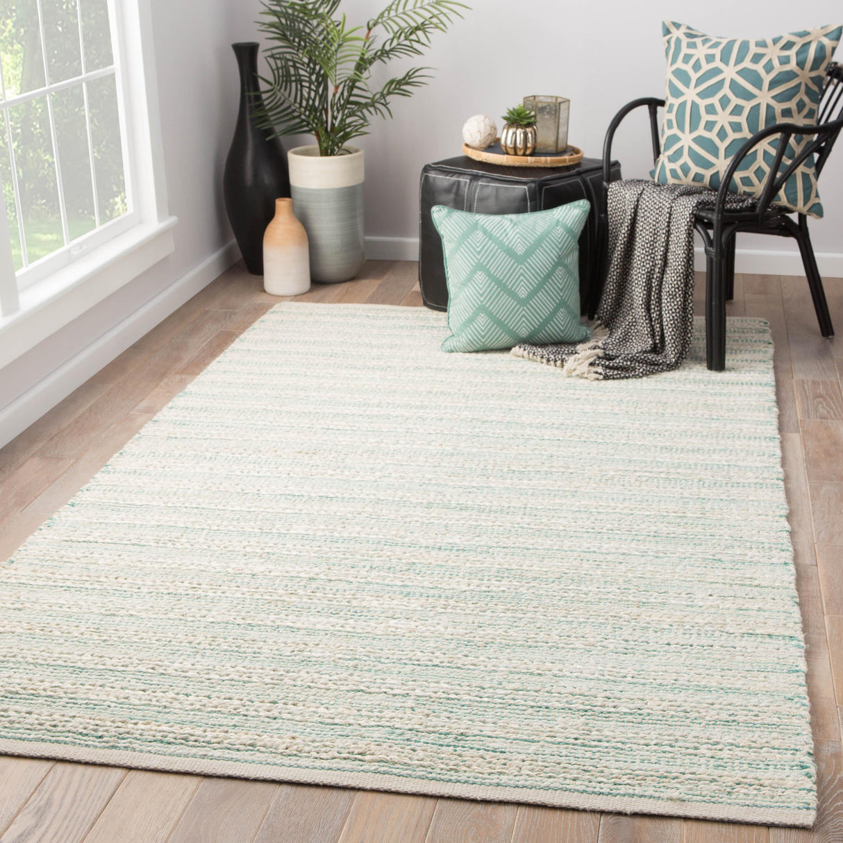 Jaipur Living Canterbury Natural Striped White/ Turquoise Area Rug (5'X8')