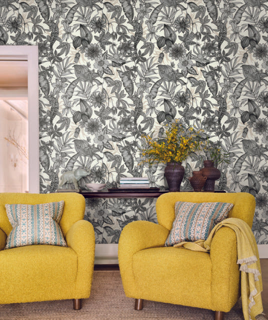 York Rainforest White & Charcoal Wallpaper