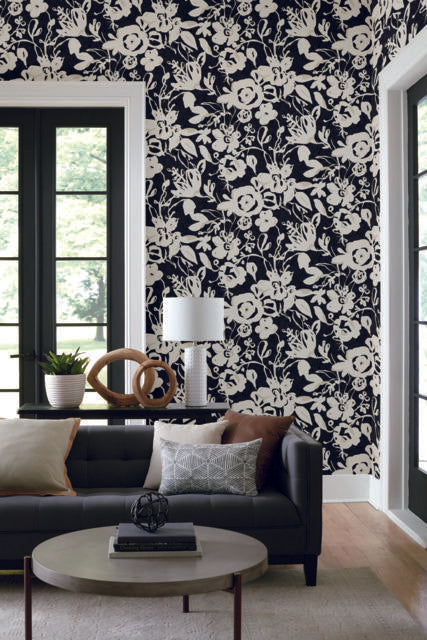 York Brushstroke Floral Black Wallpaper