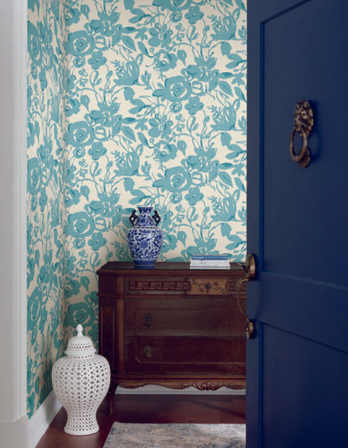 York Brushstroke Floral Aqua Wallpaper