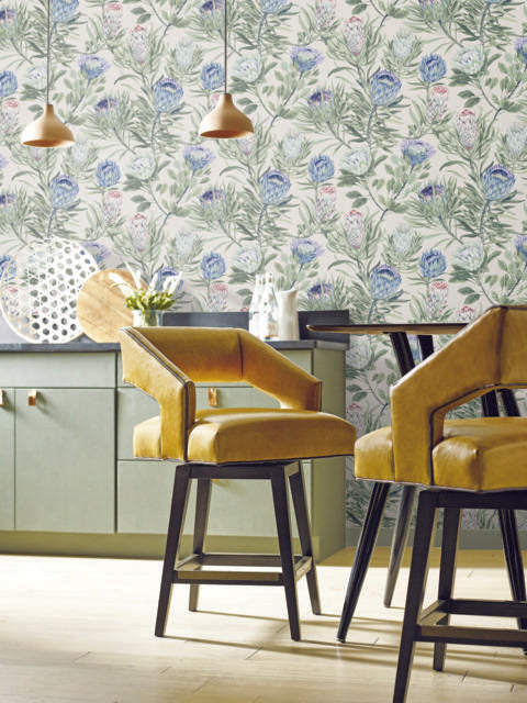 York Protea Cream & Blue Wallpaper