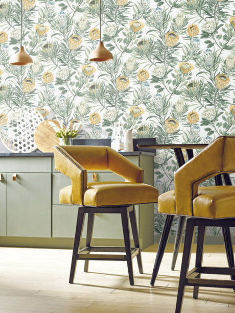 York Protea White & Yellow Wallpaper
