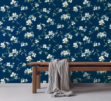 York Dogwood Navy Wallpaper