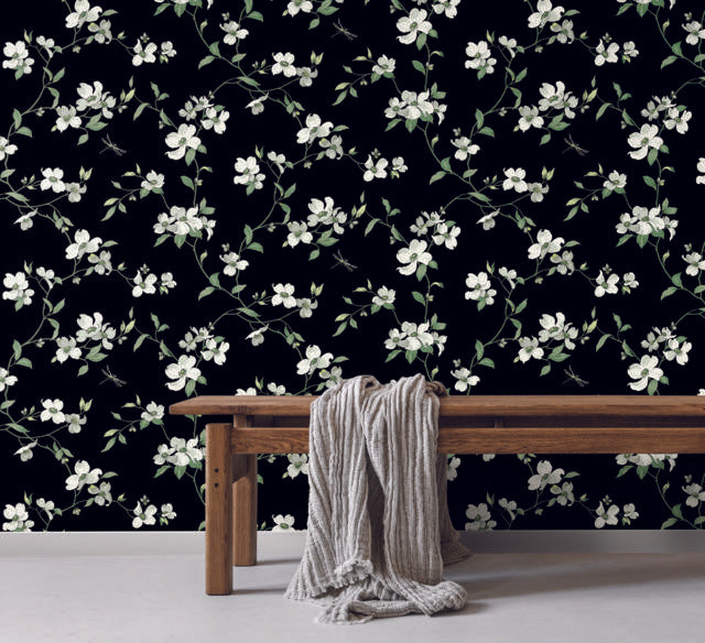 York Dogwood Black Wallpaper