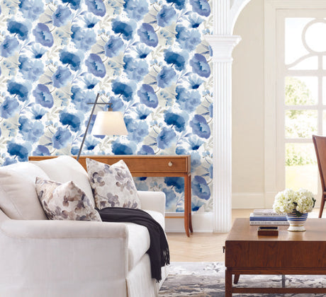 York Watercolor Bouquet Cobalt Wallpaper