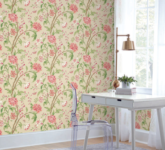 York Teahouse Floral Cream & Coral Wallpaper