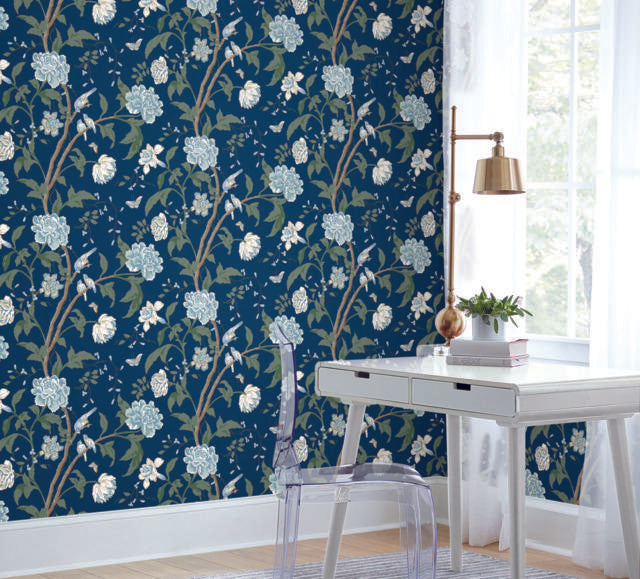 York Teahouse Floral Navy Wallpaper