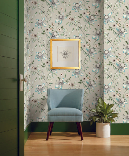 York Dream Blossom Taupe & Aqua Wallpaper