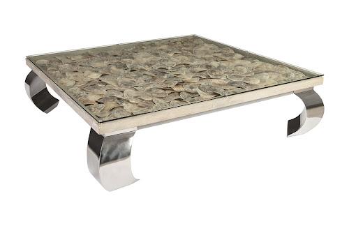 Phillips Shell Coffee Table, Glass Top, Ming Stainless Steel Legs Assorted