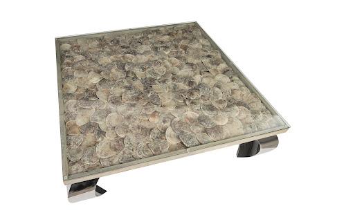 Phillips Shell Coffee Table, Glass Top, Ming Stainless Steel Legs Assorted