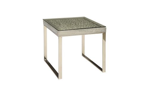 Phillips Driftwood Side Table Wood Glass Stainless Steel Base Scaff Finish