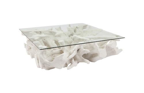 Phillips Cast Root Coffee Table, White Stone With Glass